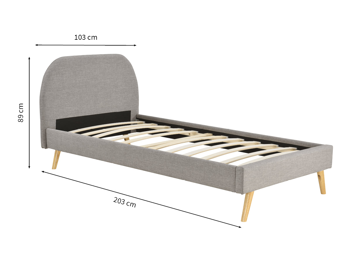 Lit NORTH en tissu 90 x 190 cm - Vue de profil avec dimensions