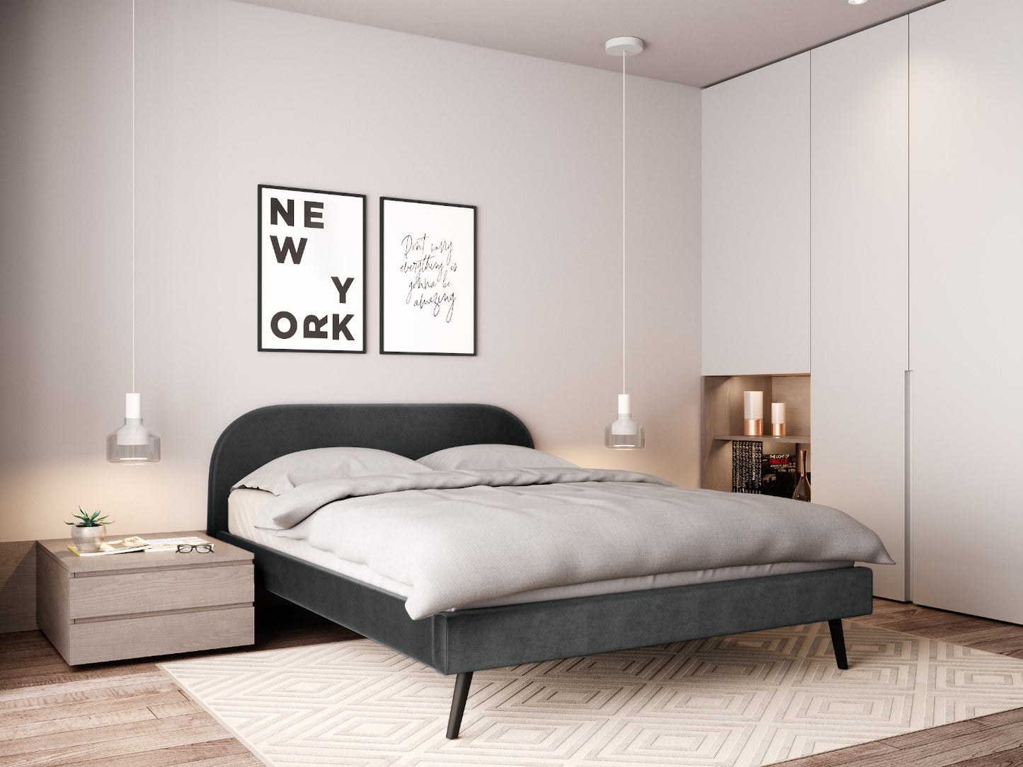 Lit NORTH PLUS en tissu velours 140 x 190 cm gris foncé - Vue chambre aménagée photo studio