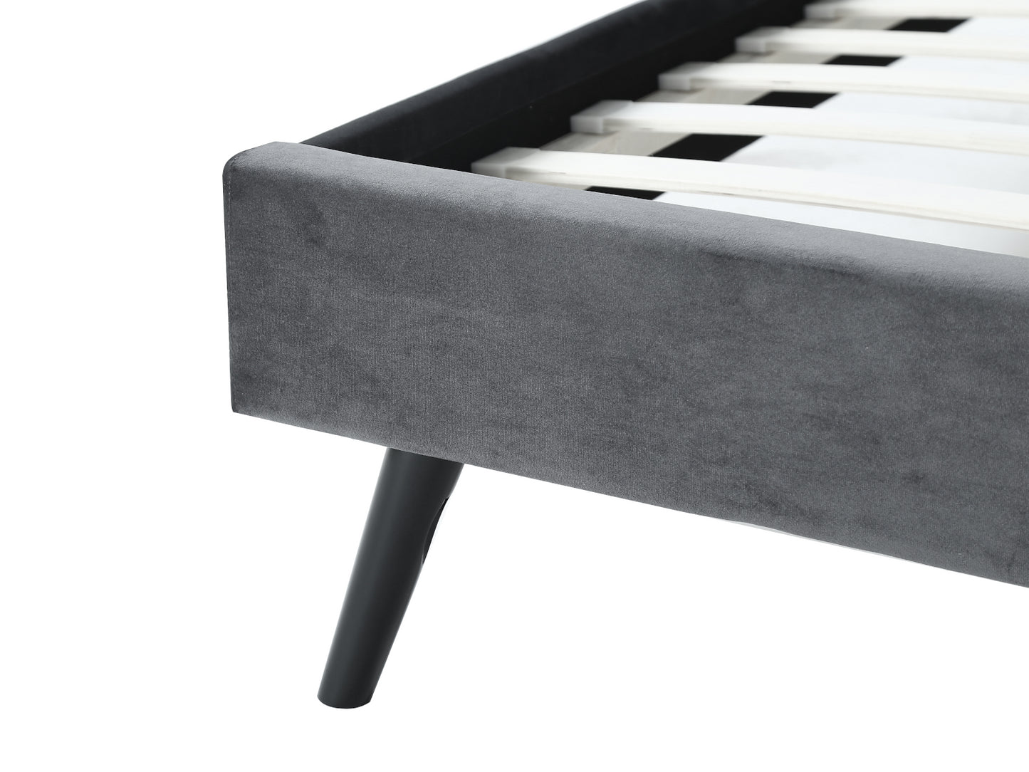 Lit NORTH PLUS en tissu velours 140 x 190 cm gris foncé - Vue zoom pieds en bois massif