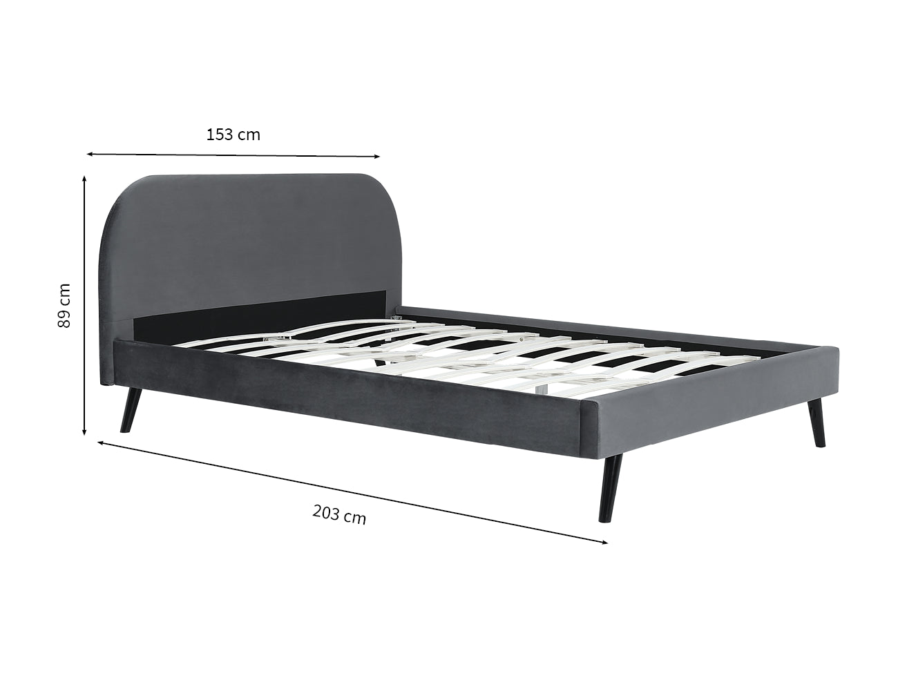 Lit NORTH PLUS en tissu velours 140 x 190 cm gris foncé - Vue de profil avec dimensions