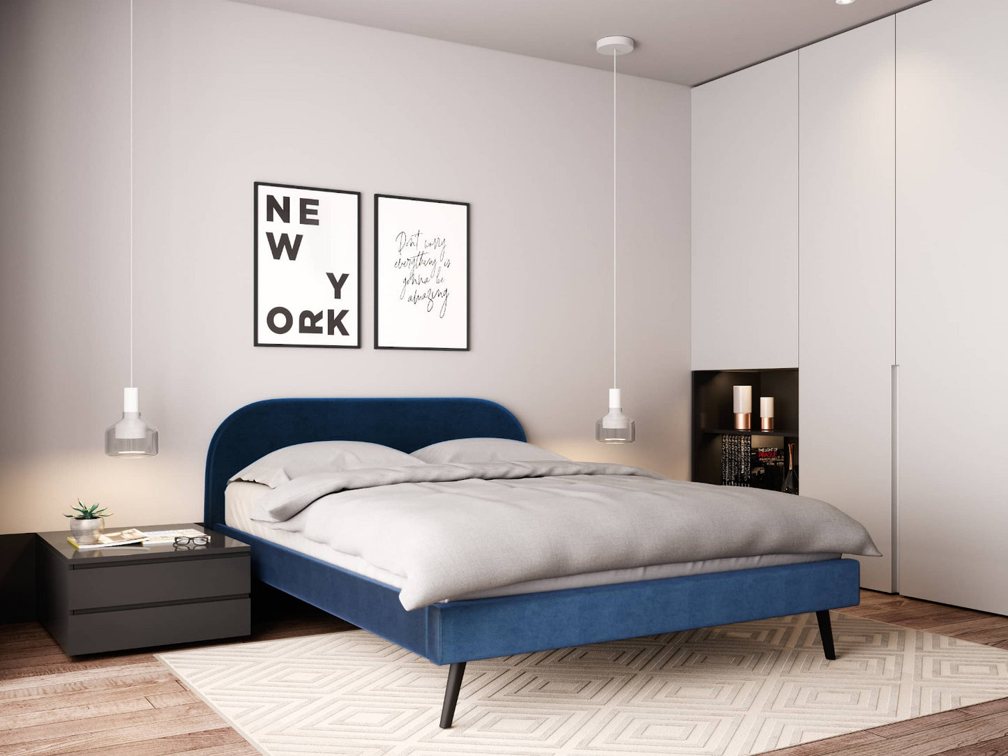 Lit NORTH PLUS en tissu velours 140 x 190 cm bleu nuit - Vue chambre aménagée photo studio