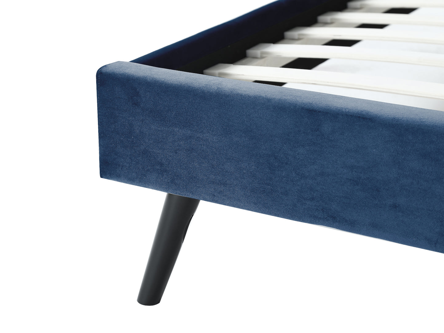 Lit NORTH PLUS en tissu velours 140 x 190 cm bleu nuit - Vue pieds en bois massif
