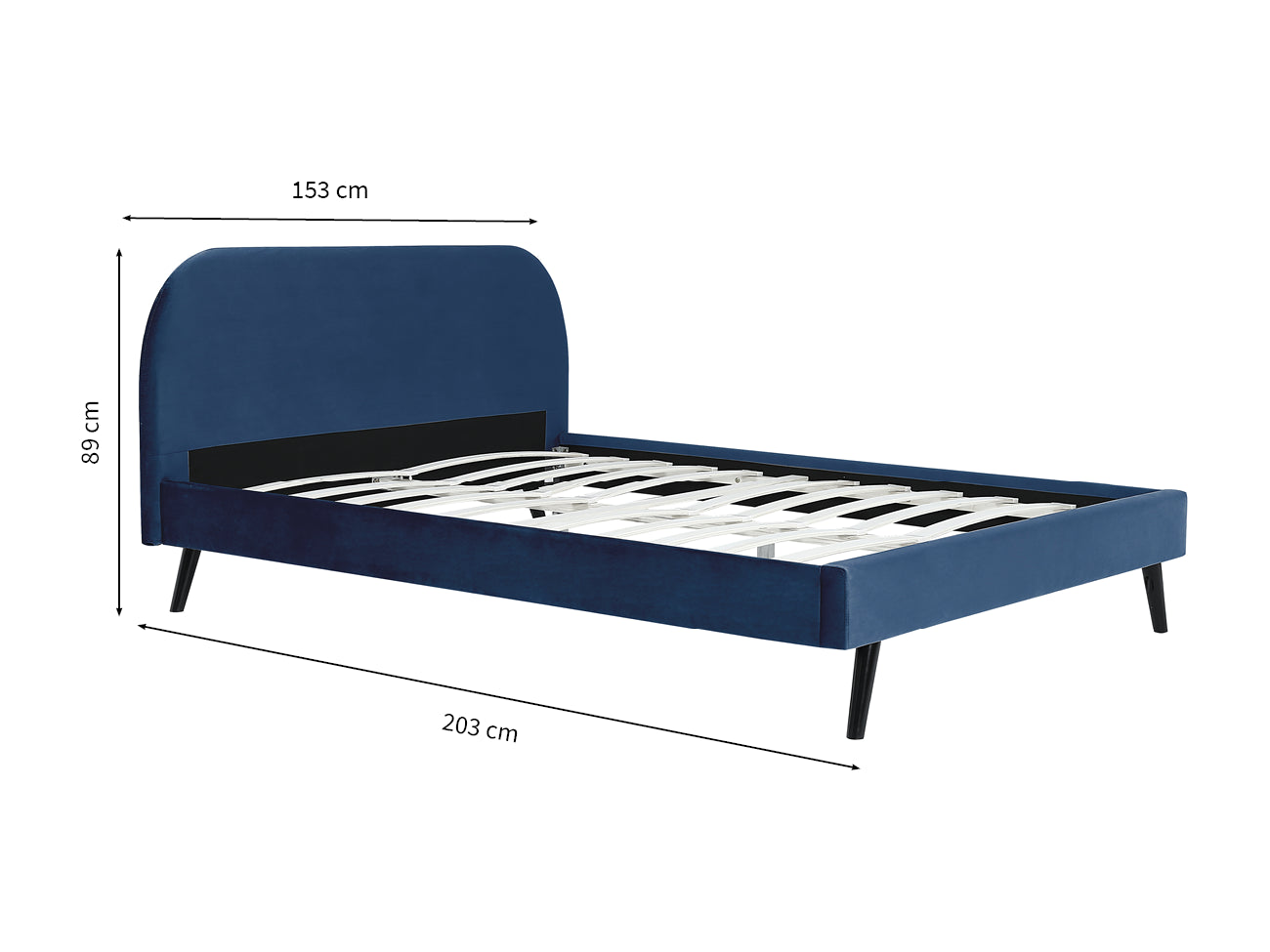 Lit NORTH PLUS en tissu velours 140 x 190 cm bleu nuit - Vue de profil avec dimensions