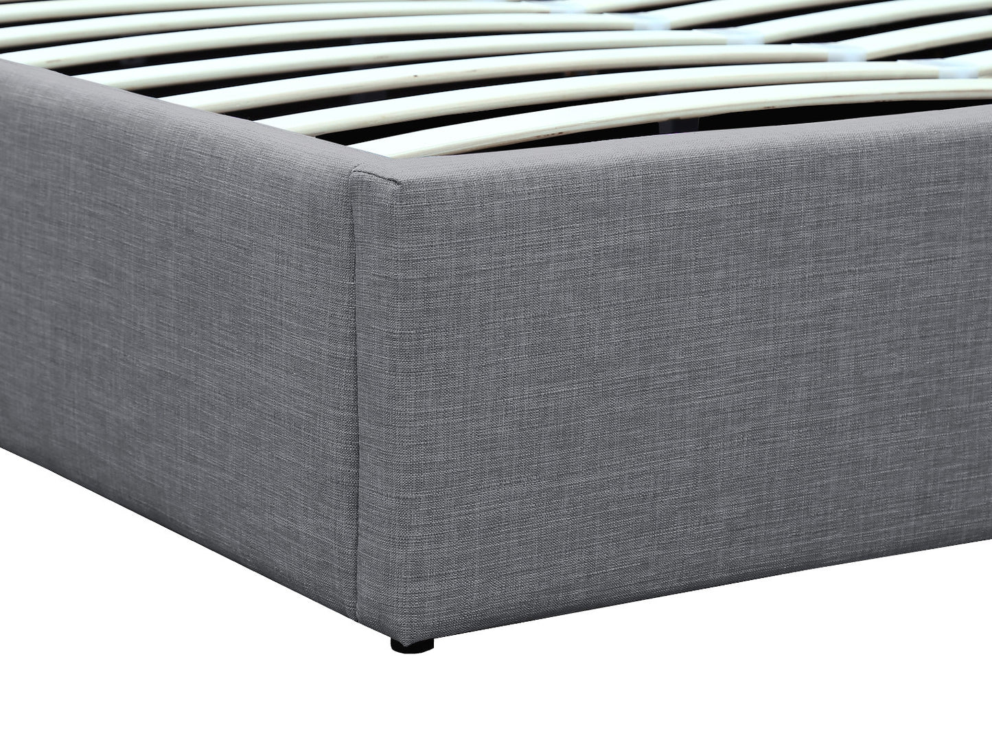 Lit coffre COMFY en tissu 140 x 190 cm - Vue zoom angle cadre de lit tissu polyester gris et pieds plastique