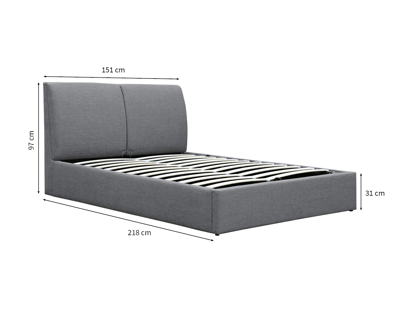 Lit coffre COMFY en tissu 140 x 190 cm - Vue avec dimensions