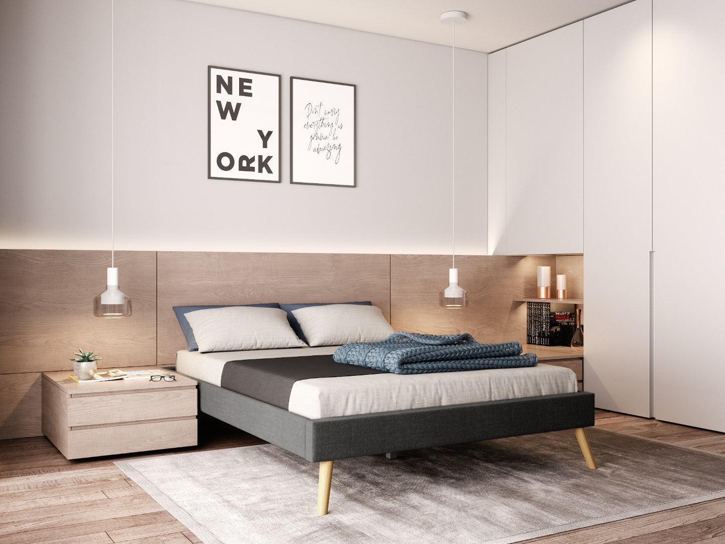 Lit SOFT en tissu 140 x 190 cm gris foncé - Vue chambre aménagée photo studio déco