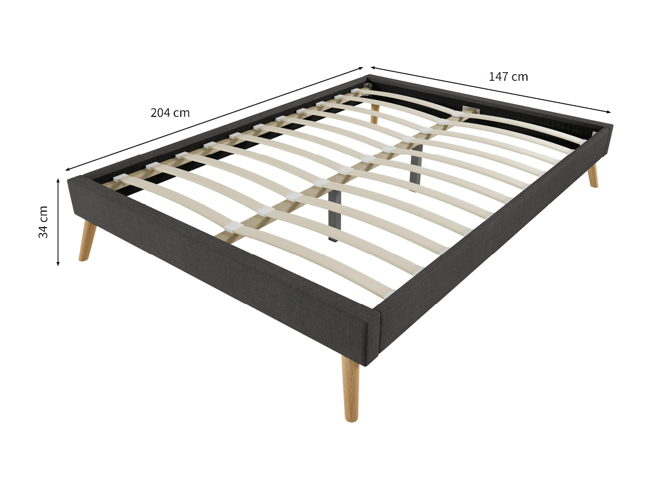 Lit SOFT en tissu 140 x 190 cm gris foncé - Vue de profil avec dimensions