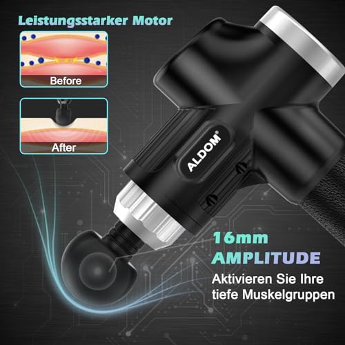 Pistolet de Massage Musculaire ALDOM Appareil de Massage Masseur de Muscle Profonds avec 30 Niveaux Réglables, 6 Têtes de Massage et l'Écran LCD Pour Soulager Douleurs et Raideurs Musculaires