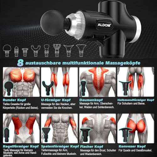 Pistolet de Massage Musculaire ALDOM Appareil de Massage Masseur de Muscle Profonds avec 30 Niveaux Réglables, 6 Têtes de Massage et l'Écran LCD Pour Soulager Douleurs et Raideurs Musculaires