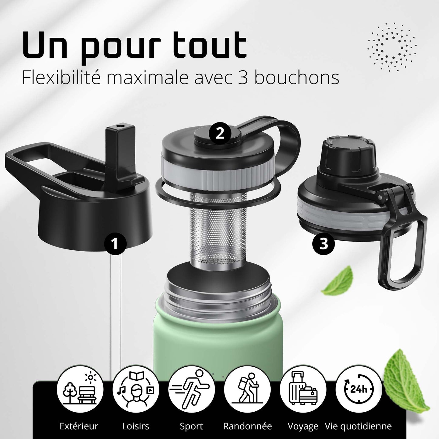 Gourde Inox Isotherme avec 3 Bouchons + Infuseur Thé/Fruits | Sans BPA