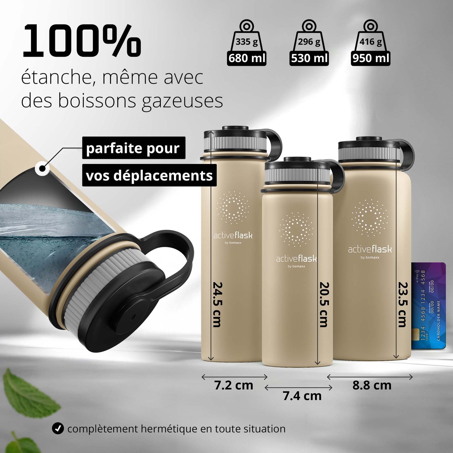 Gourde Inox Isotherme avec 3 Bouchons + Infuseur Thé/Fruits | Sans BPA