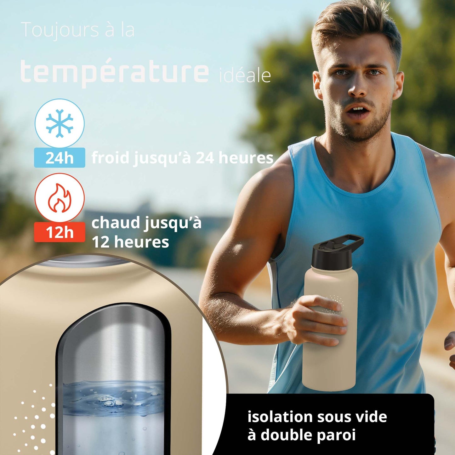 Gourde Inox Isotherme avec 3 Bouchons + Infuseur Thé/Fruits | Sans BPA