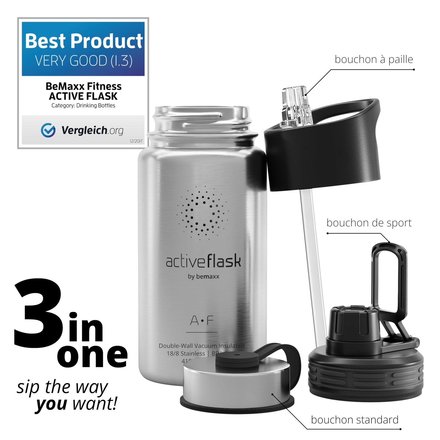 Gourde Inox Isotherme avec 3 Bouchons + Infuseur Thé/Fruits | Sans BPA