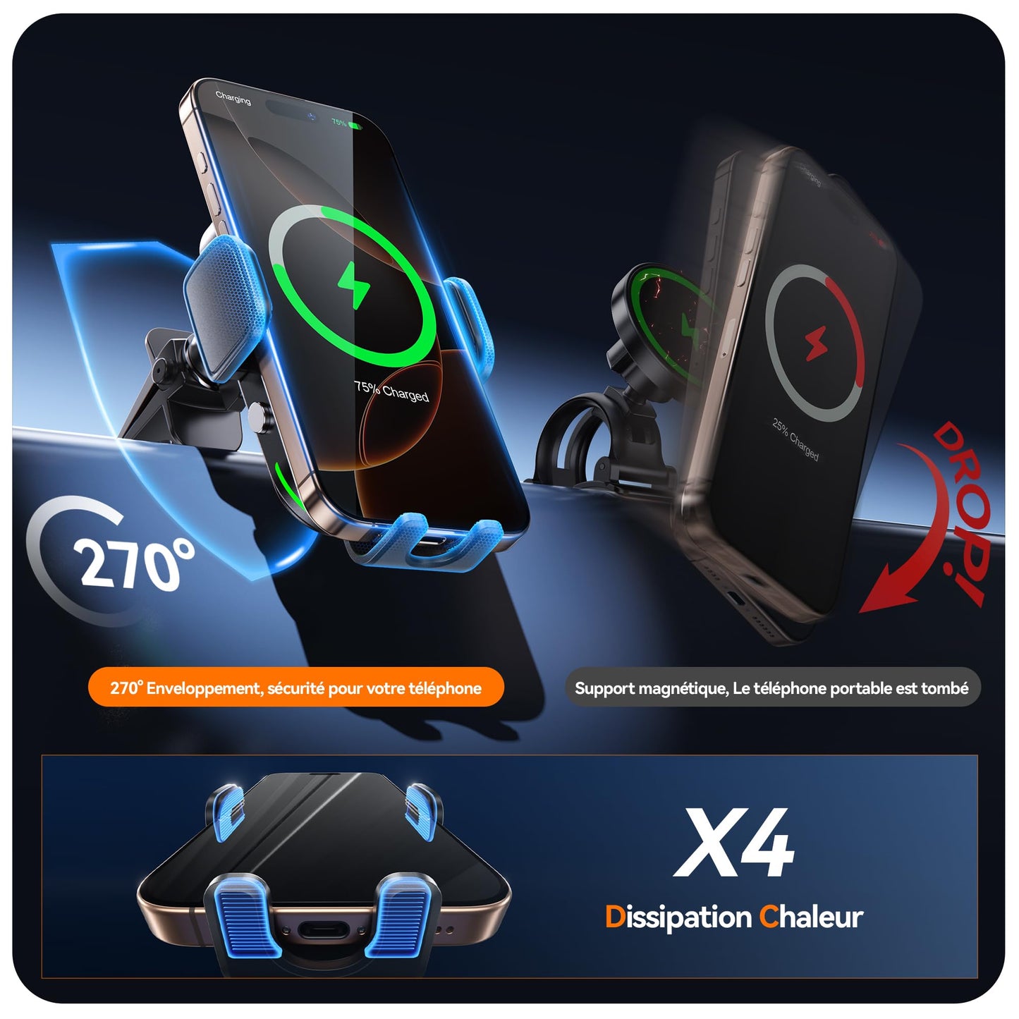 Auckly 15w Support Telephone Voiture Induction,【60W QC3.0】 Chargeur Induction Voiture Rapide Clip Chargeur sans Fil Voiture pour iPhone 15 14 13 12 Pro Max Mini Plus Samsung