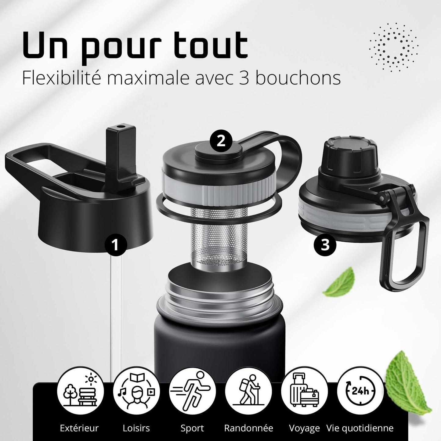 Gourde Inox Isotherme avec 3 Bouchons + Infuseur Thé/Fruits | Sans BPA