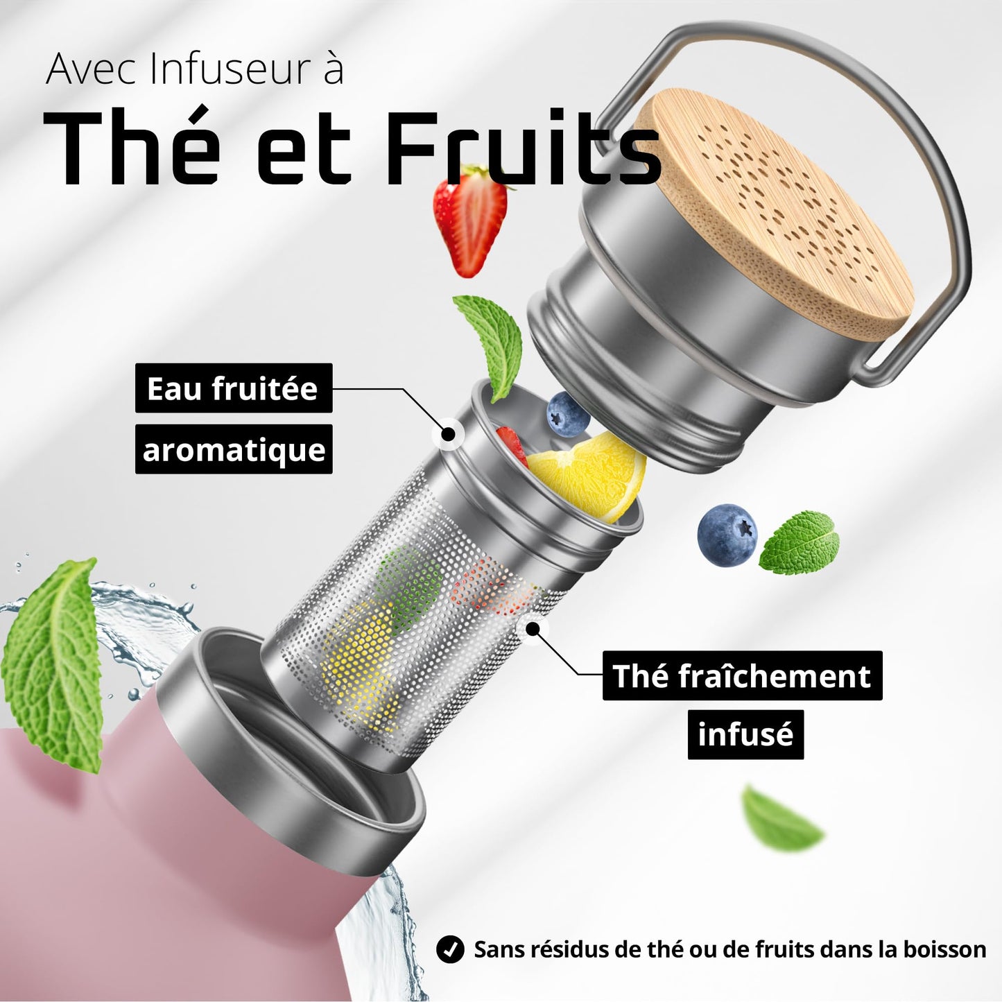 Gourde Inox Isotherme avec 3 Bouchons + Infuseur Thé/Fruits | Sans BPA