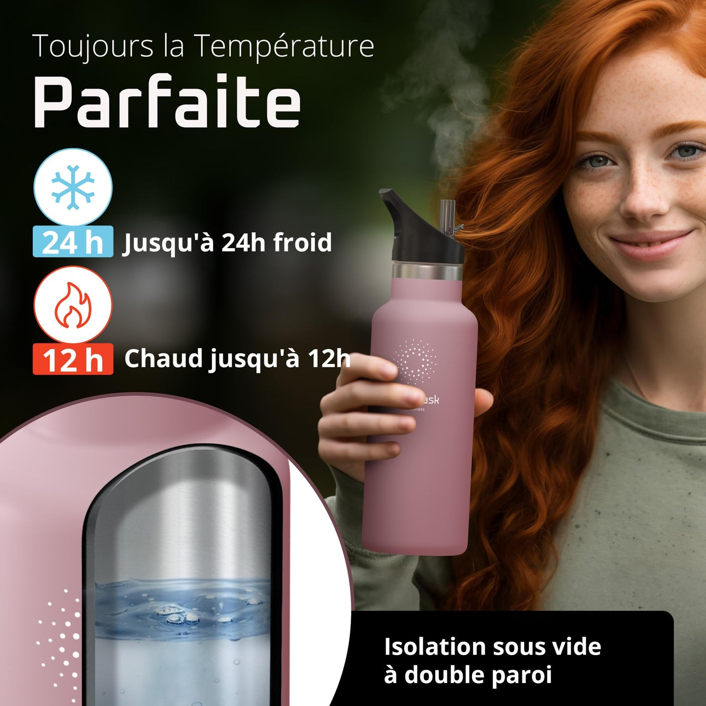 Gourde Inox Isotherme avec 3 Bouchons + Infuseur Thé/Fruits | Sans BPA