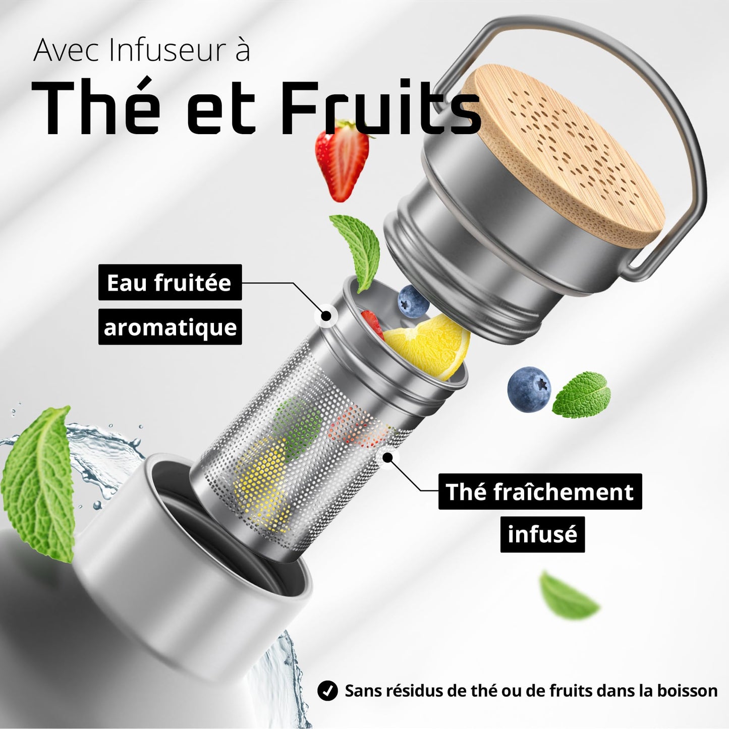 Gourde Inox Isotherme avec 3 Bouchons + Infuseur Thé/Fruits | Sans BPA