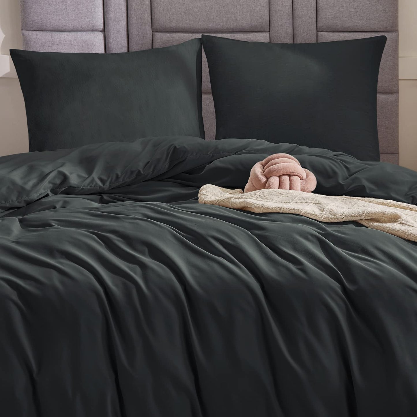 WAVVE Housse de Couette 140x200 cm avec 1 Taie d'oreiller 65x65 cm,Parure de Lit 1 Personne pour lit 90x190 avec Fermeture Éclair Sets de Housse Couette en Microfibre, Gris Foncé 140 x 200