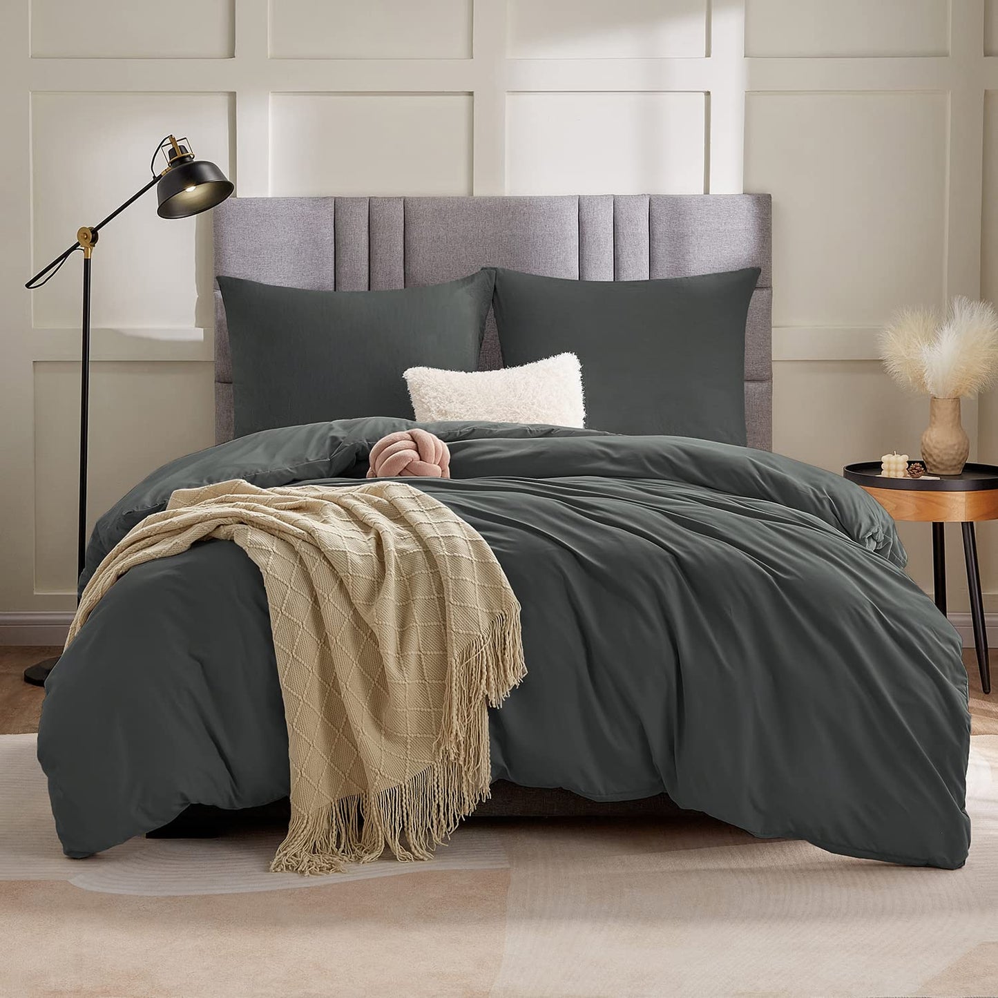 WAVVE Housse de Couette 140x200 cm avec 1 Taie d'oreiller 65x65 cm,Parure de Lit 1 Personne pour lit 90x190 avec Fermeture Éclair Sets de Housse Couette en Microfibre, Gris Foncé 140 x 200