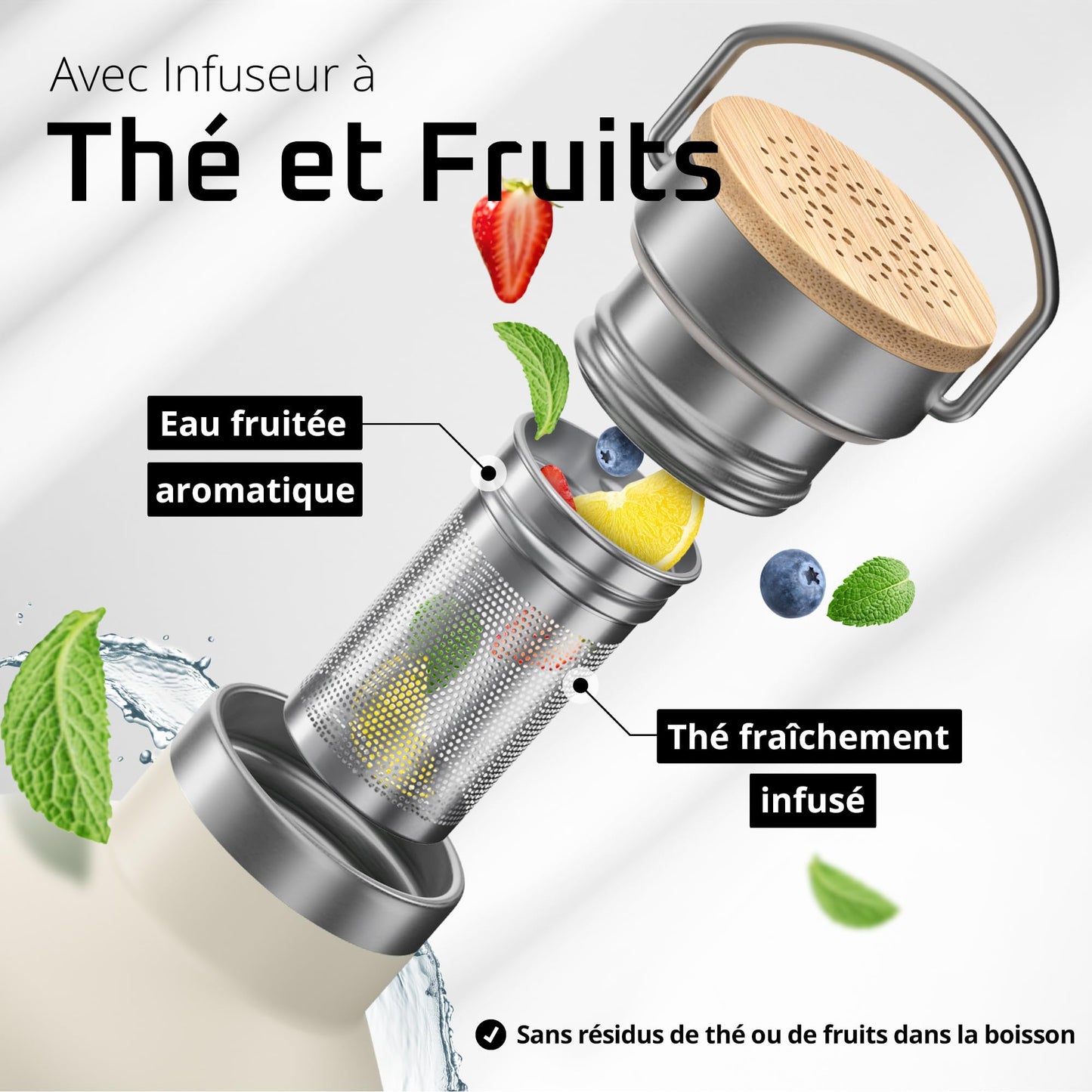 Gourde Inox Isotherme avec 3 Bouchons + Infuseur Thé/Fruits | Sans BPA