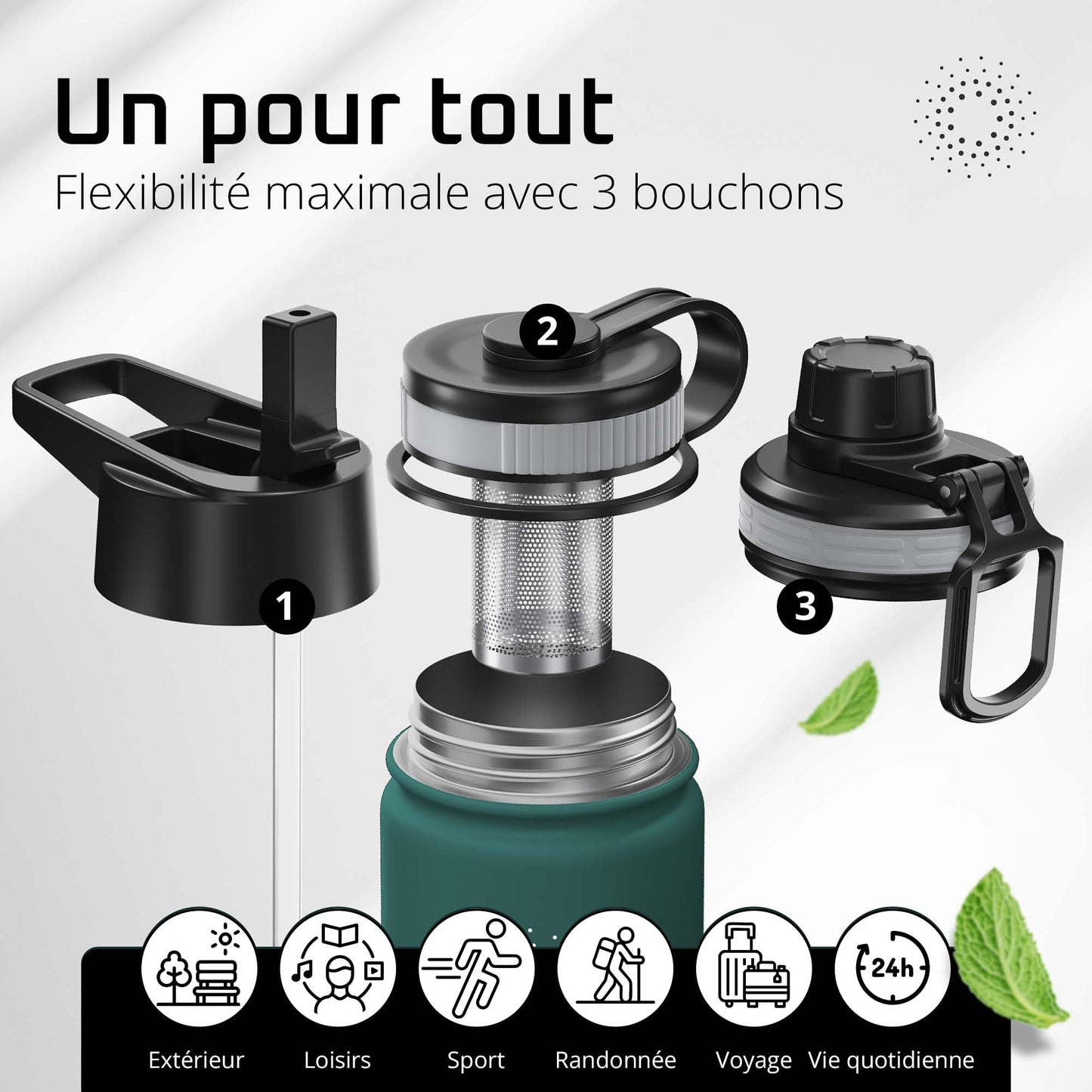 Gourde Inox Isotherme avec 3 Bouchons + Infuseur Thé/Fruits | Sans BPA