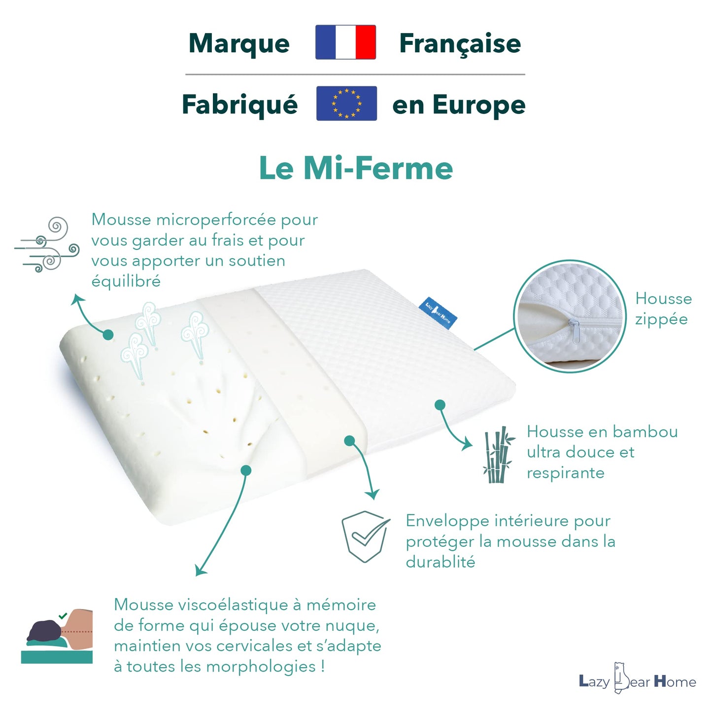 Lazy Bear Home – Oreiller Mémoire de Forme Ergonomique