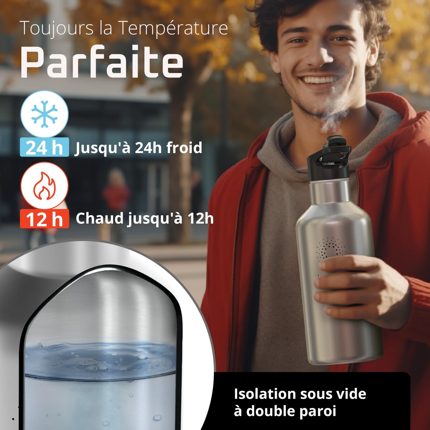 Gourde Inox Isotherme avec 3 Bouchons + Infuseur Thé/Fruits | Sans BPA