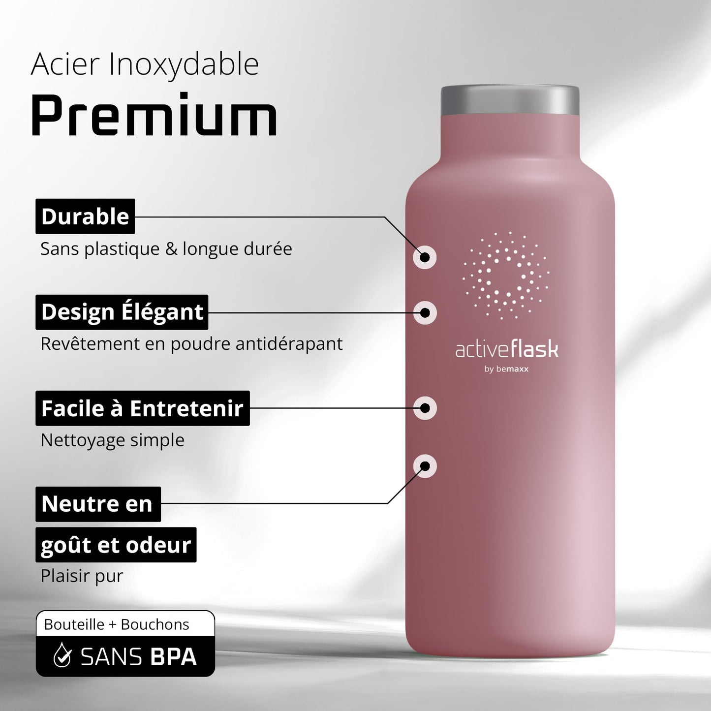 Gourde Inox Isotherme avec 3 Bouchons + Infuseur Thé/Fruits | Sans BPA
