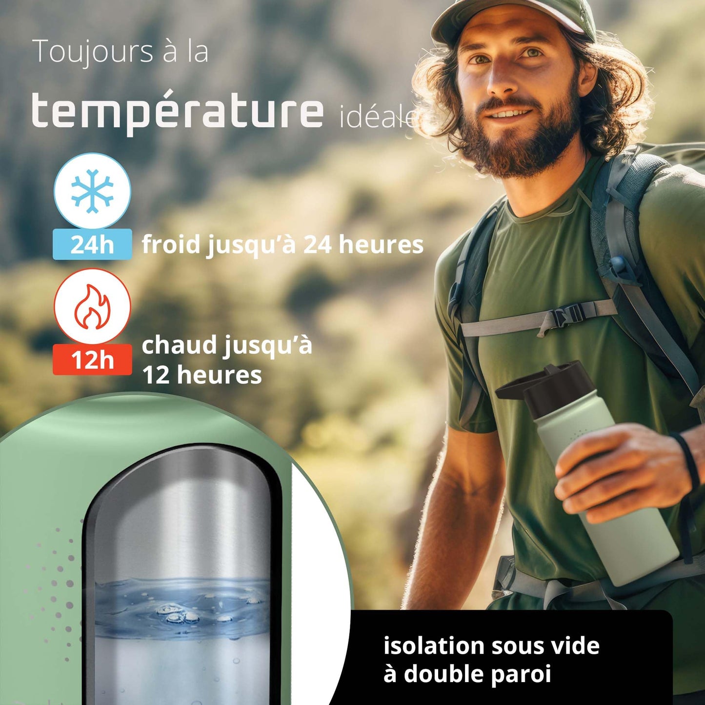 Gourde Inox Isotherme avec 3 Bouchons + Infuseur Thé/Fruits | Sans BPA