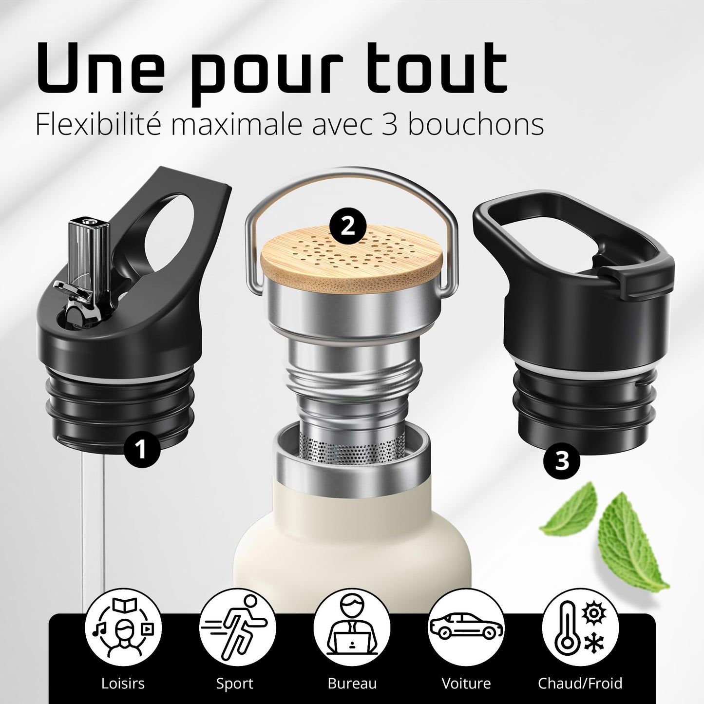 Gourde Inox Isotherme avec 3 Bouchons + Infuseur Thé/Fruits | Sans BPA