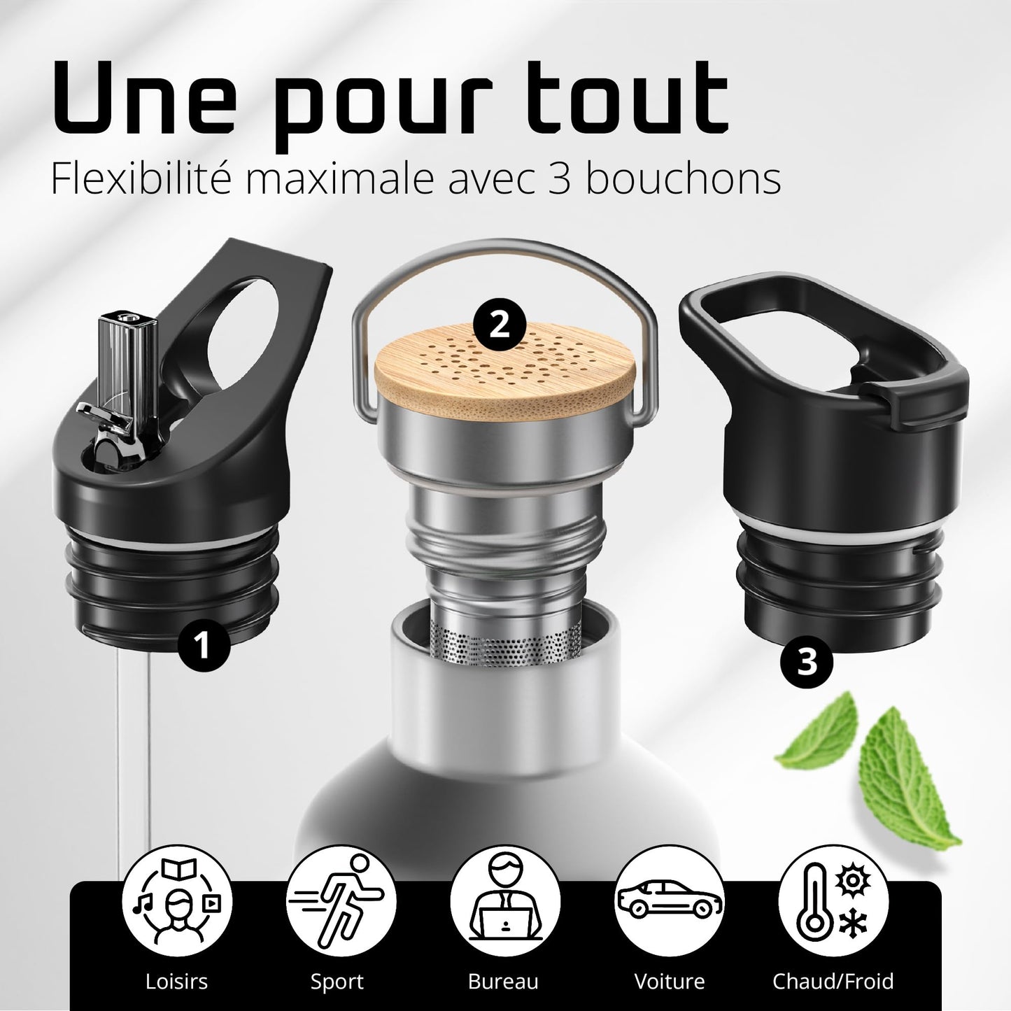 Gourde Inox Isotherme avec 3 Bouchons + Infuseur Thé/Fruits | Sans BPA