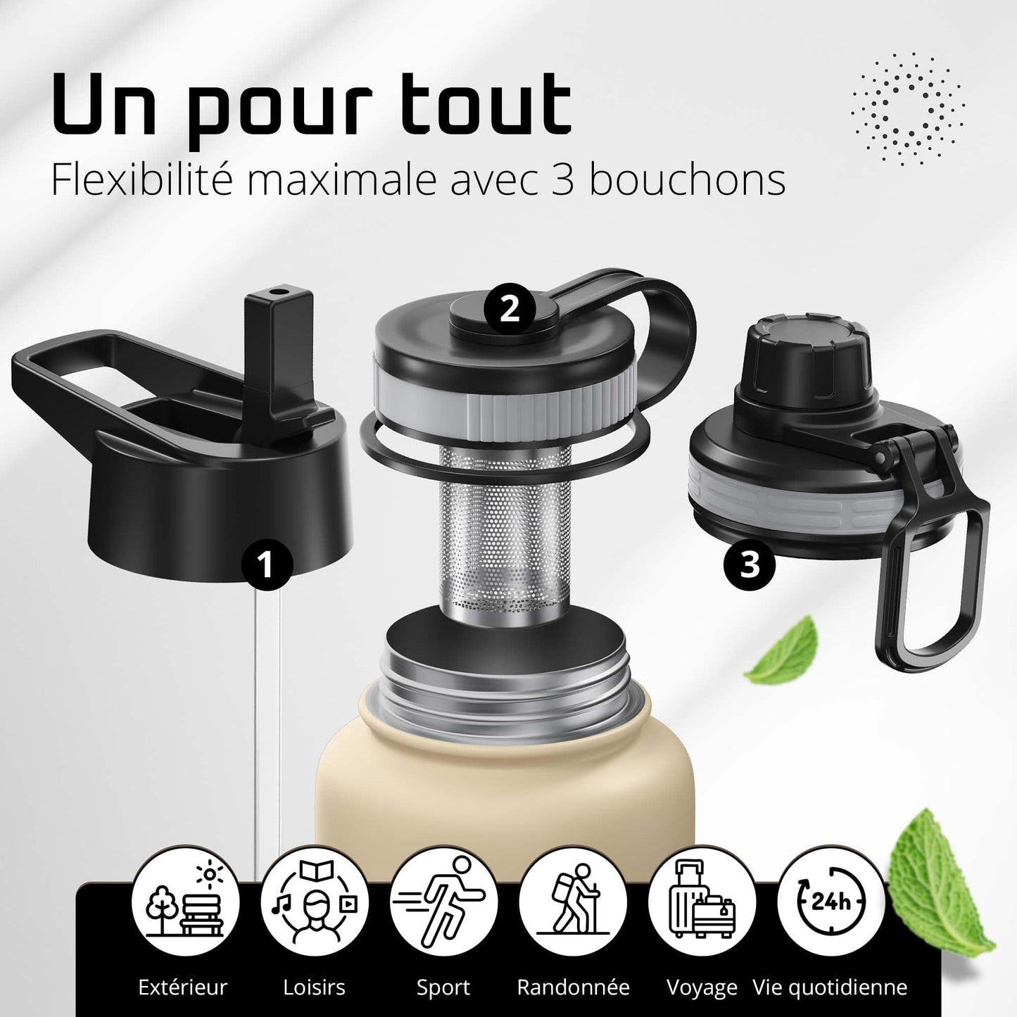 Gourde Inox Isotherme avec 3 Bouchons + Infuseur Thé/Fruits | Sans BPA