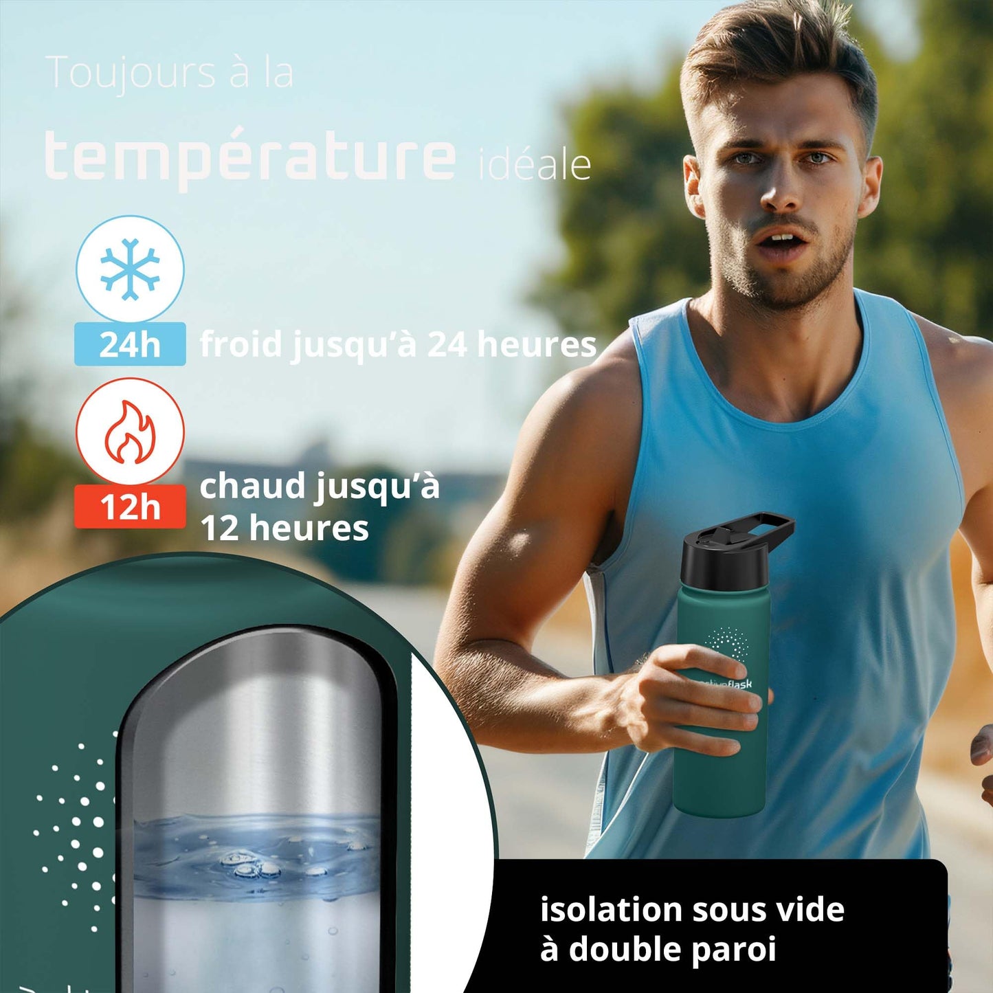 Gourde Inox Isotherme avec 3 Bouchons + Infuseur Thé/Fruits | Sans BPA