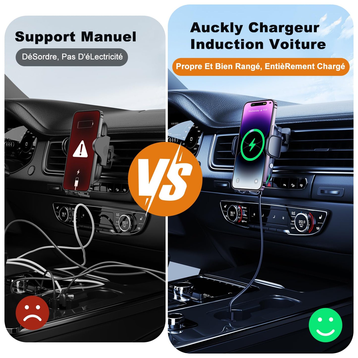 Auckly 15w Support Telephone Voiture Induction,【60W QC3.0】 Chargeur Induction Voiture Rapide Clip Chargeur sans Fil Voiture pour iPhone 15 14 13 12 Pro Max Mini Plus Samsung