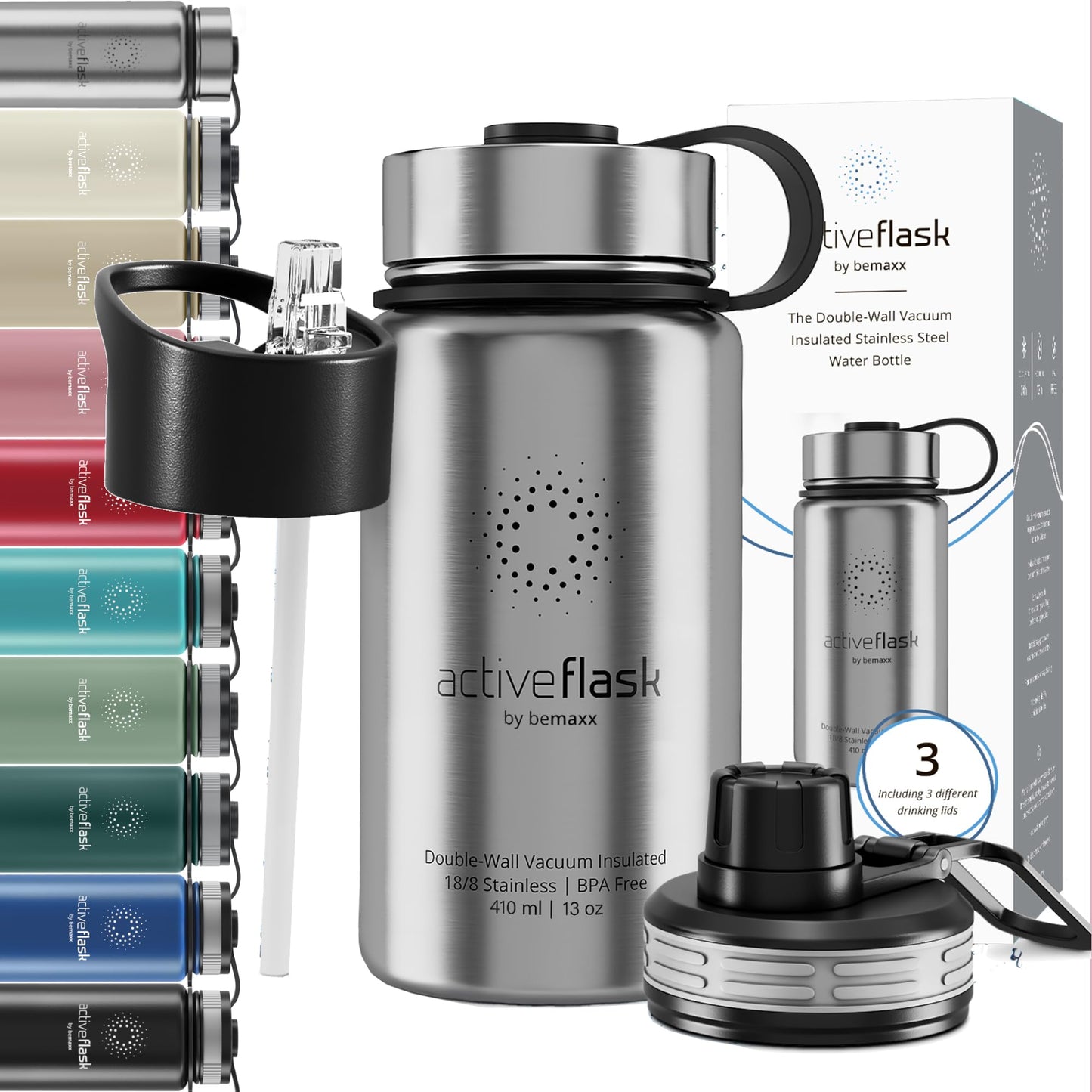 Gourde Inox Isotherme avec 3 Bouchons + Infuseur Thé/Fruits | Sans BPA