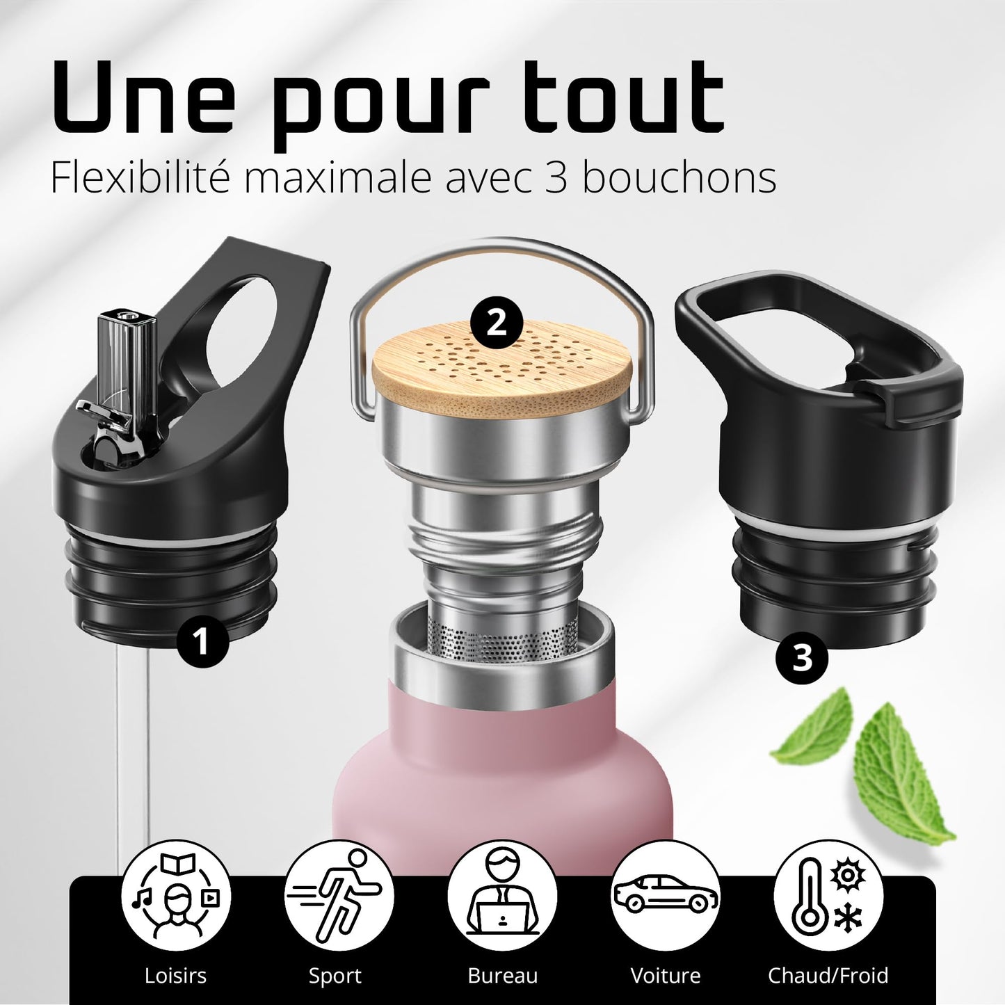 Gourde Inox Isotherme avec 3 Bouchons + Infuseur Thé/Fruits | Sans BPA