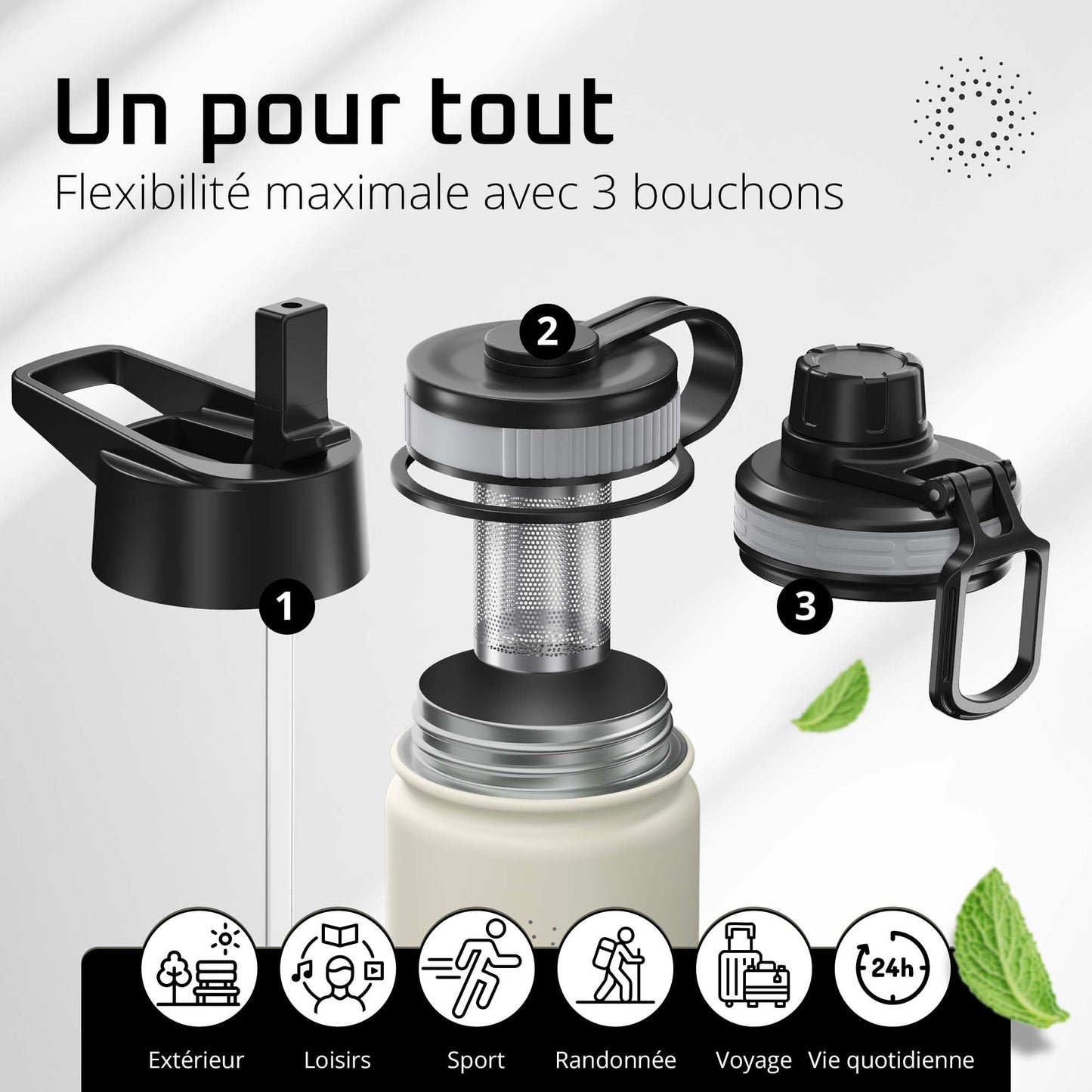 Gourde Inox Isotherme avec 3 Bouchons + Infuseur Thé/Fruits | Sans BPA