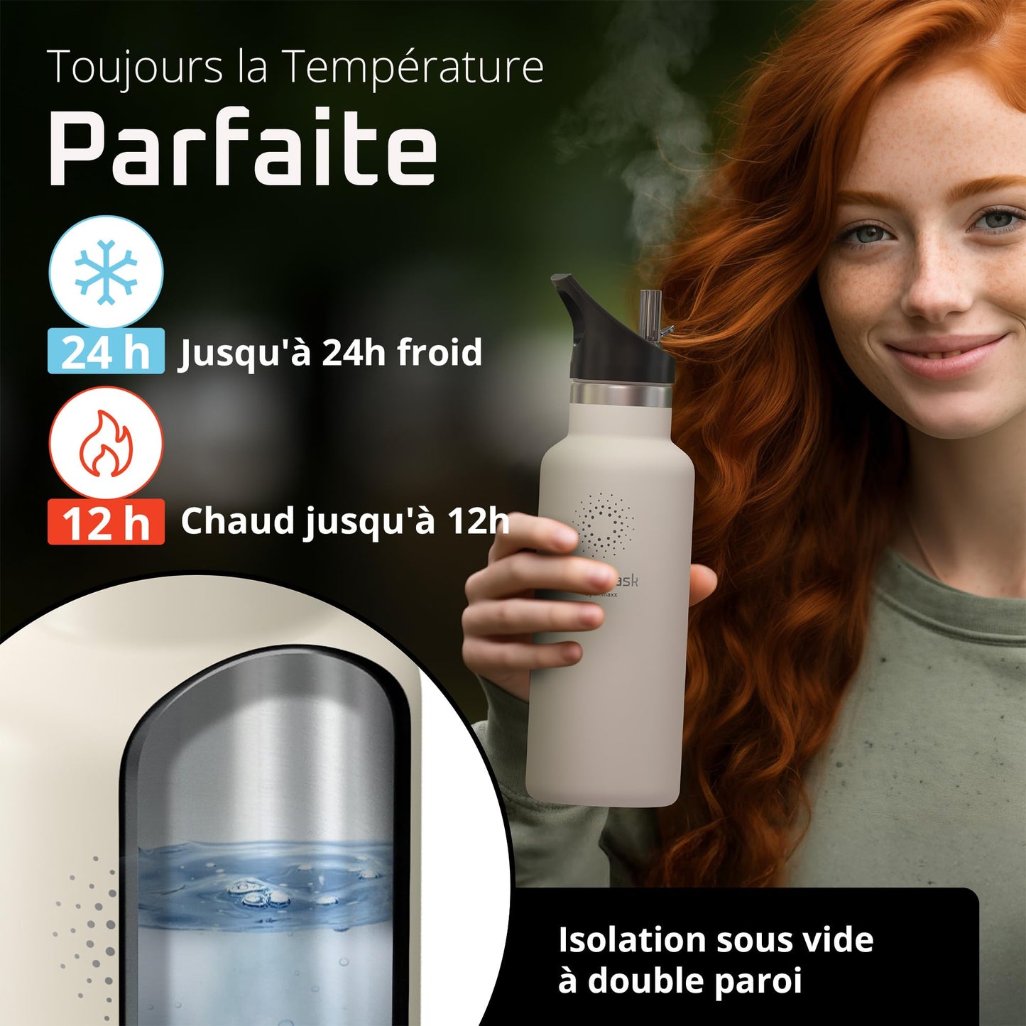 Gourde Inox Isotherme avec 3 Bouchons + Infuseur Thé/Fruits | Sans BPA