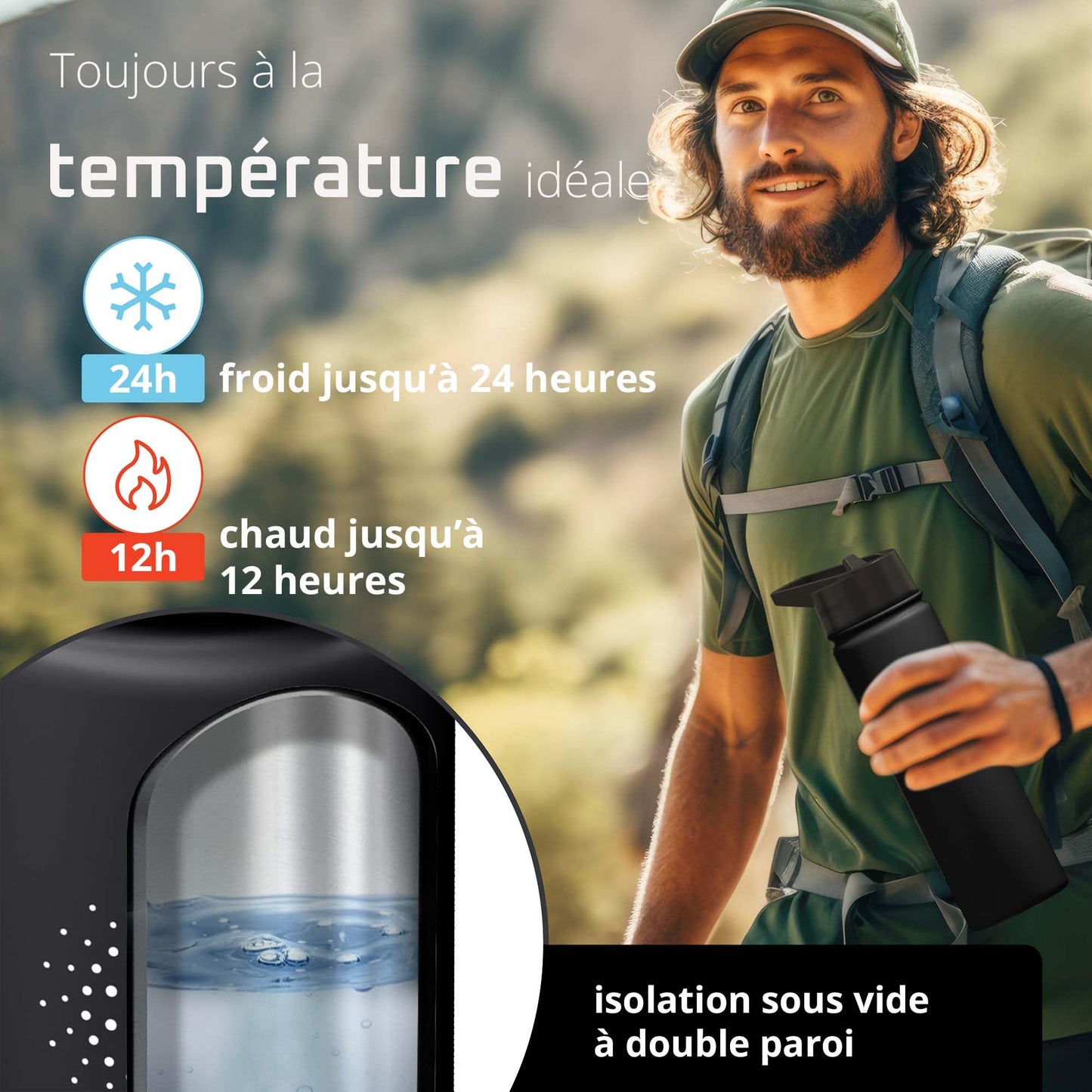Gourde Inox Isotherme avec 3 Bouchons + Infuseur Thé/Fruits | Sans BPA