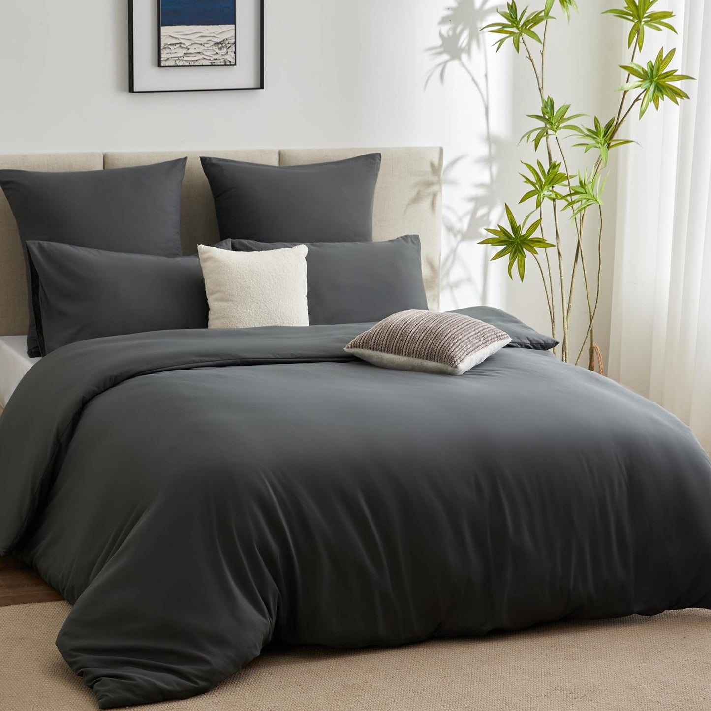 WAVVE Housse de Couette 140x200 cm avec 1 Taie d'oreiller 65x65 cm,Parure de Lit 1 Personne pour lit 90x190 avec Fermeture Éclair Sets de Housse Couette en Microfibre, Gris Foncé 140 x 200