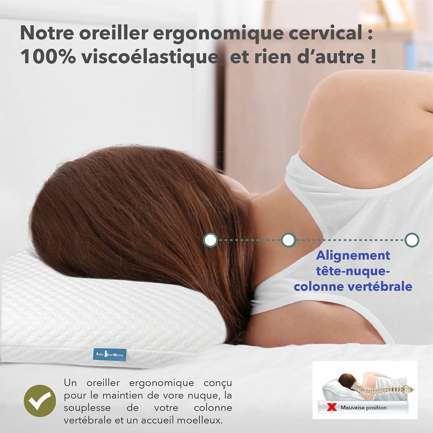 Lazy Bear Home – Oreiller Mémoire de Forme Ergonomique