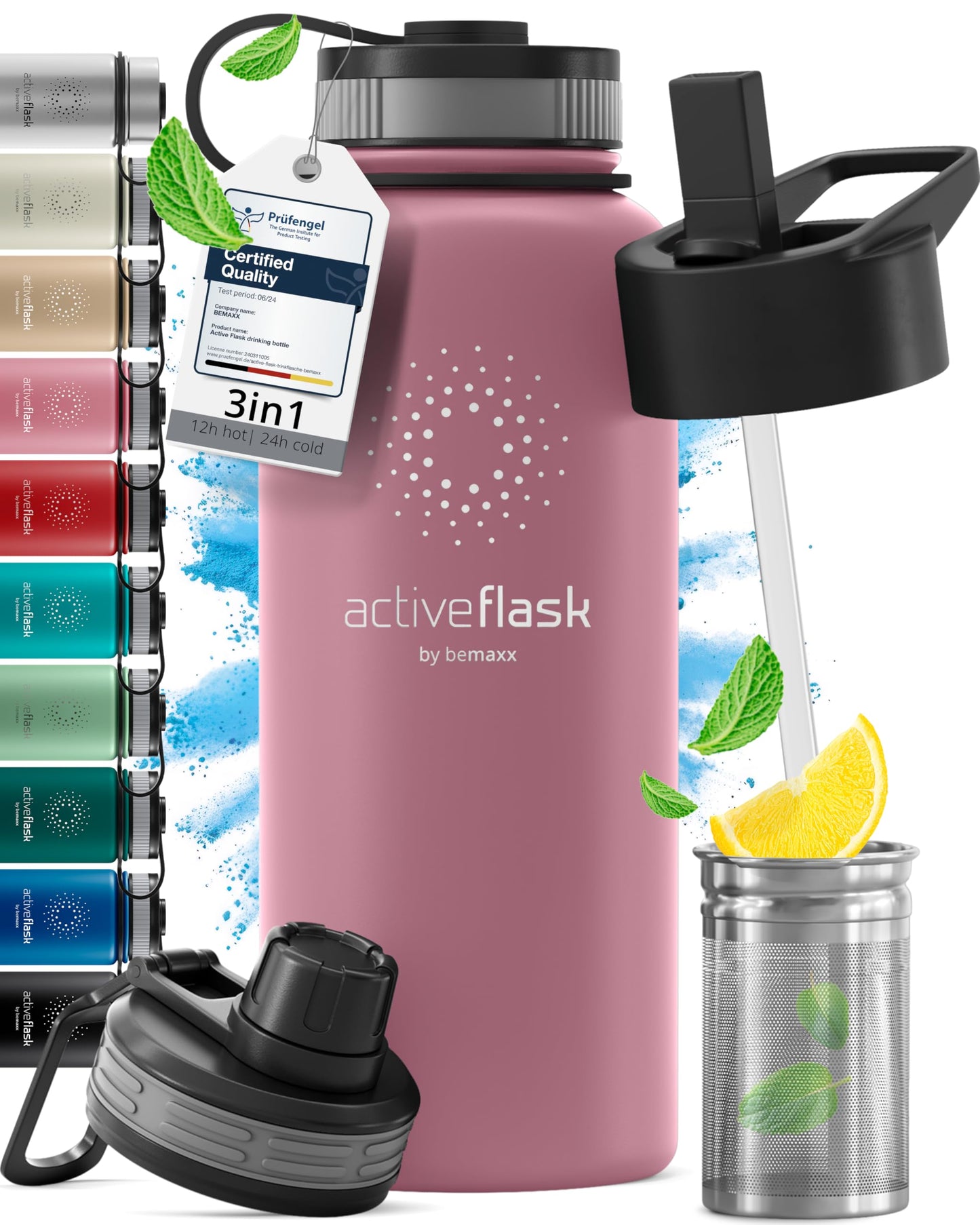 Gourde Inox Isotherme avec 3 Bouchons + Infuseur Thé/Fruits | Sans BPA