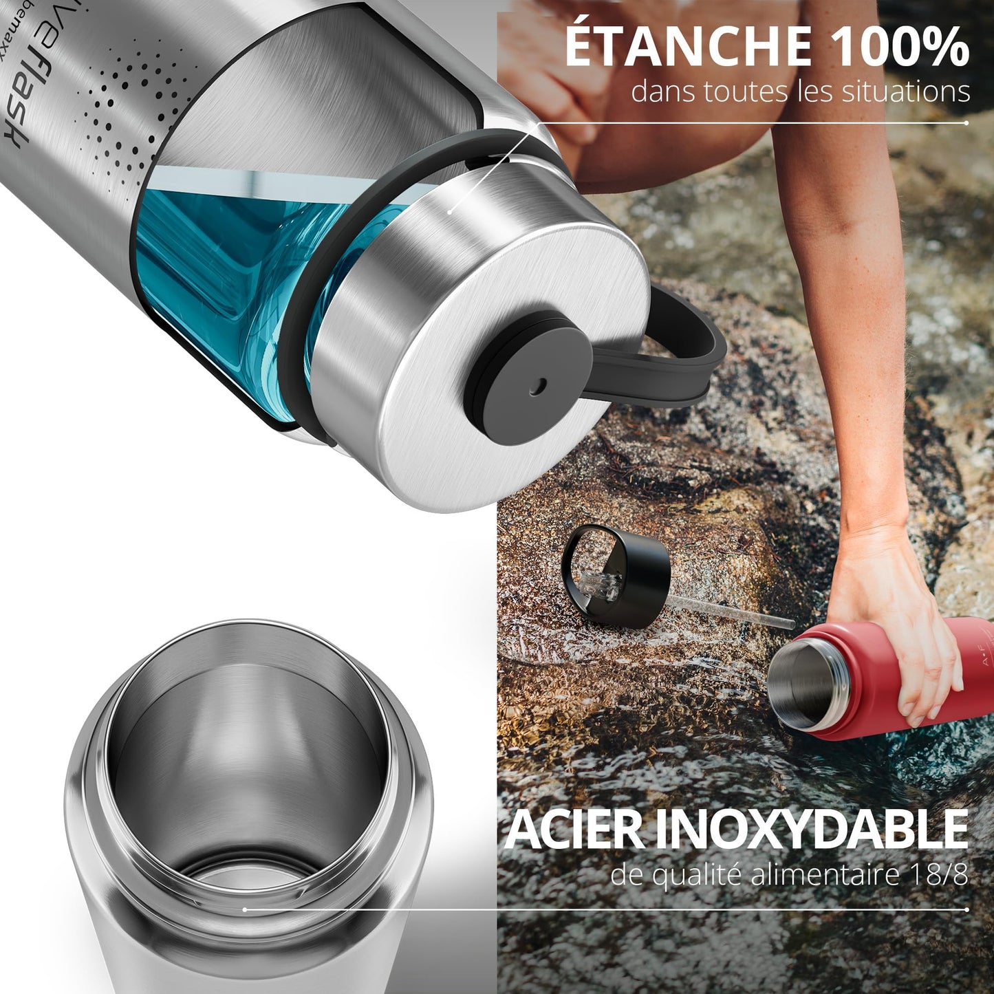 Gourde Inox Isotherme avec 3 Bouchons + Infuseur Thé/Fruits | Sans BPA