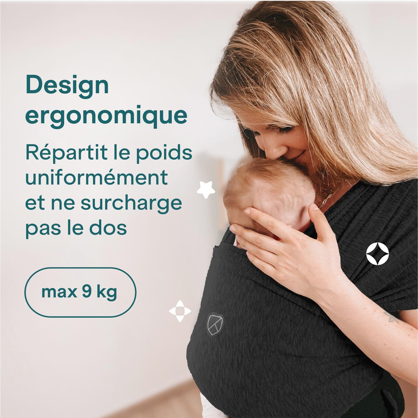 Koala Bébé Écharpe de Portage Réglable – Facile à Enfiler, Unisexe, Noir