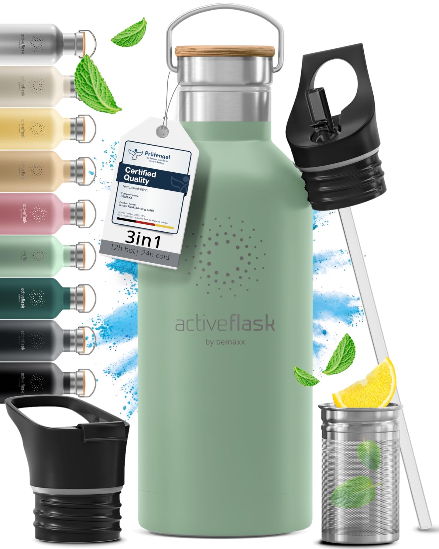 Gourde Inox Isotherme avec 3 Bouchons + Infuseur Thé/Fruits | Sans BPA