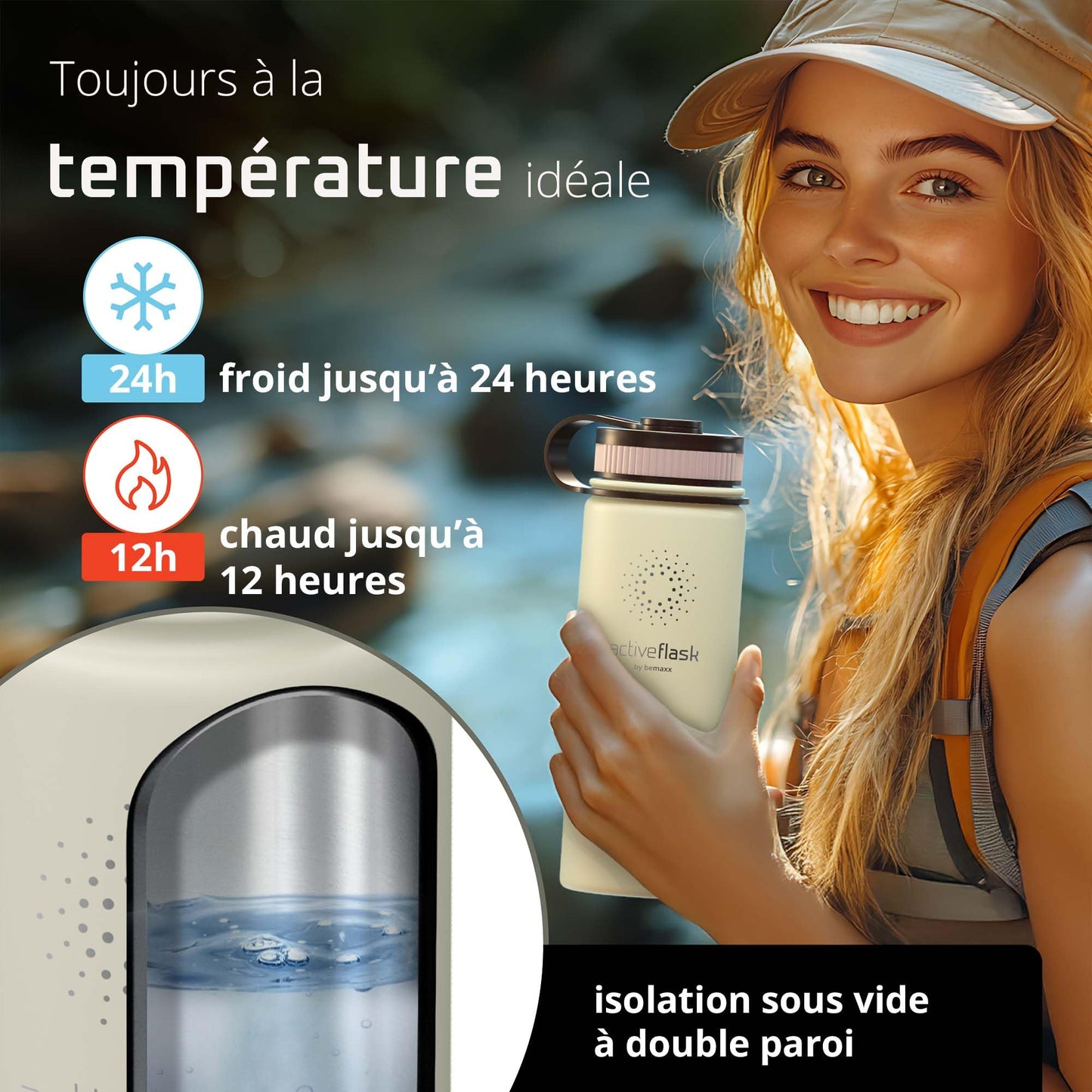 Gourde Inox Isotherme avec 3 Bouchons + Infuseur Thé/Fruits | Sans BPA