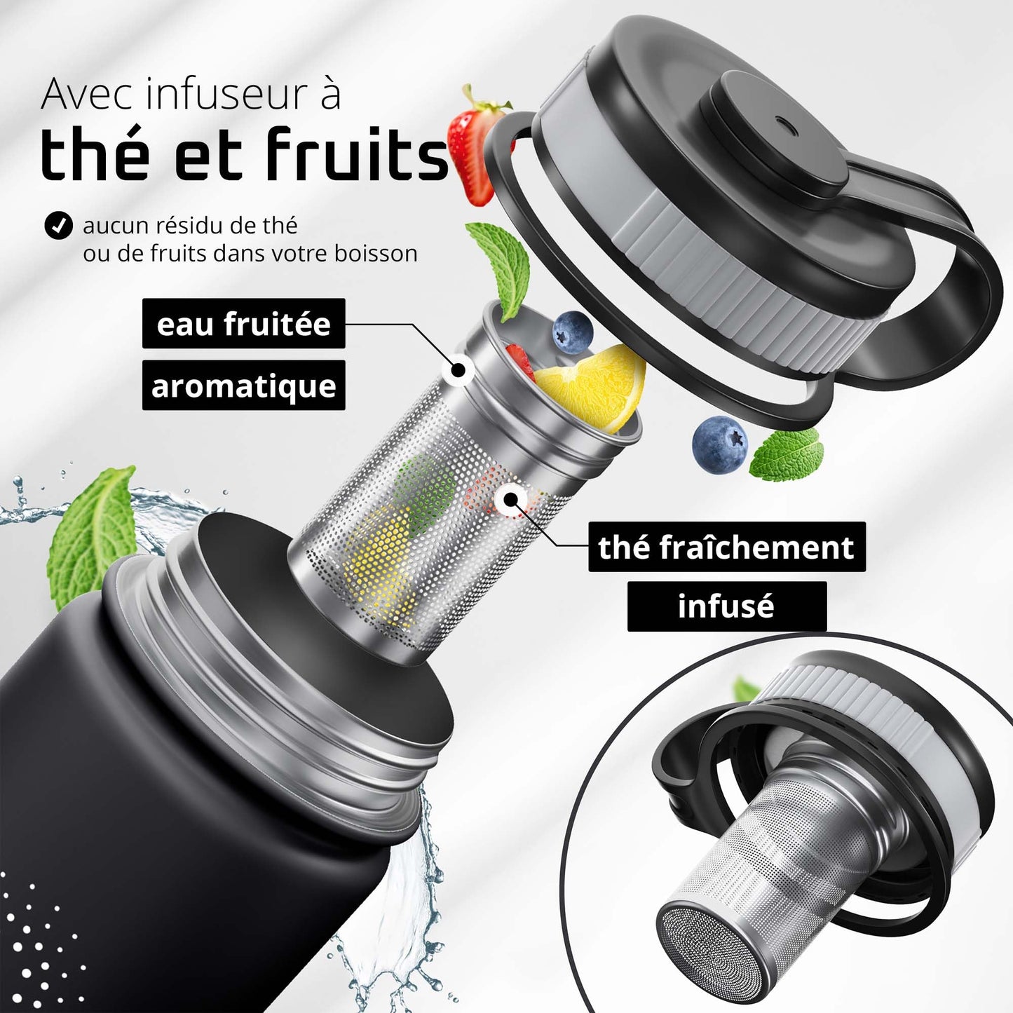 Gourde Inox Isotherme avec 3 Bouchons + Infuseur Thé/Fruits | Sans BPA