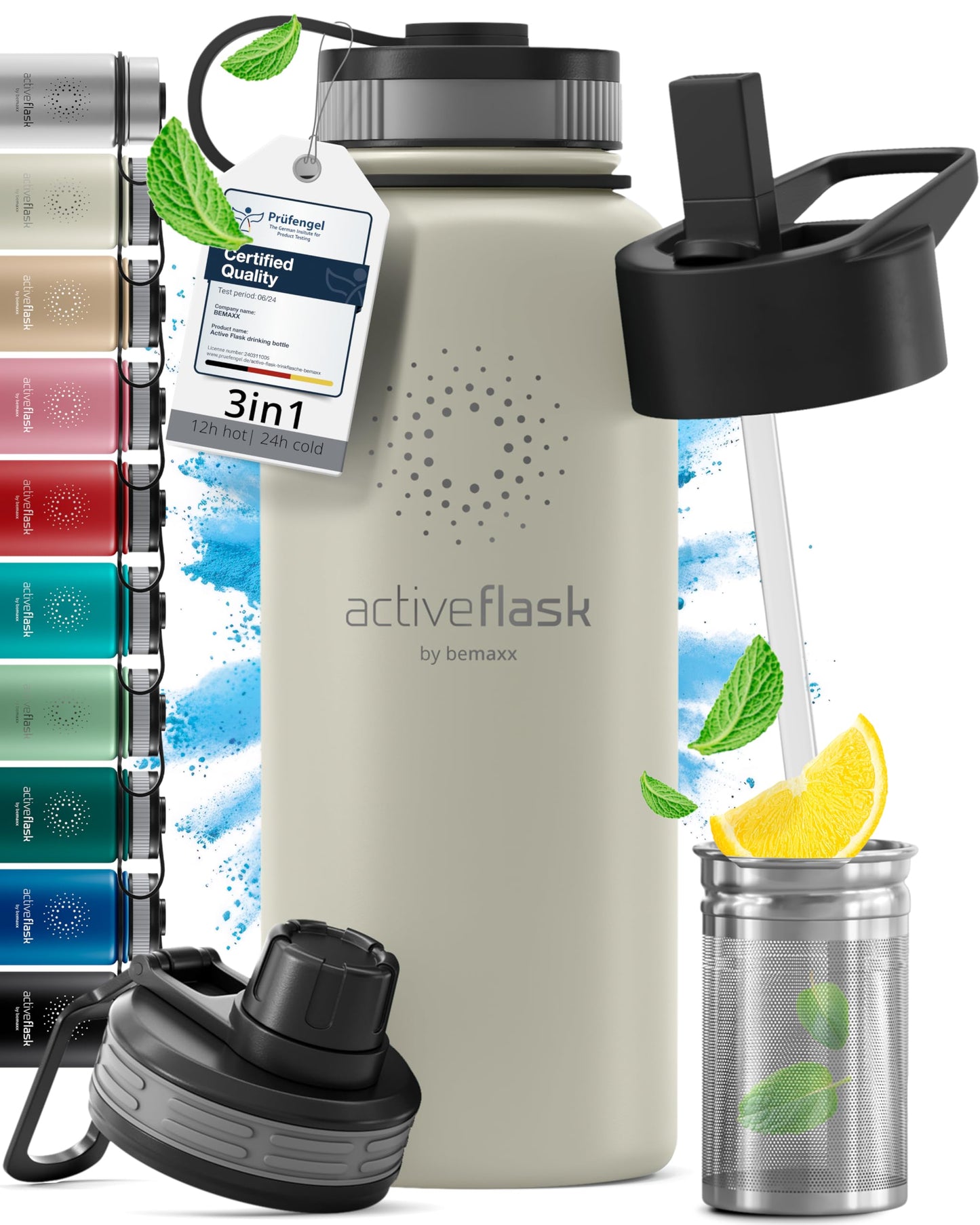 Gourde Inox Isotherme avec 3 Bouchons + Infuseur Thé/Fruits | Sans BPA