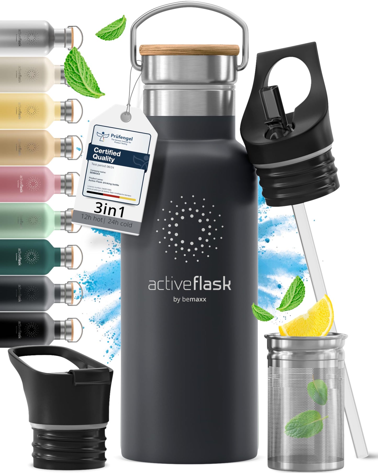 Gourde Inox Isotherme avec 3 Bouchons + Infuseur Thé/Fruits | Sans BPA